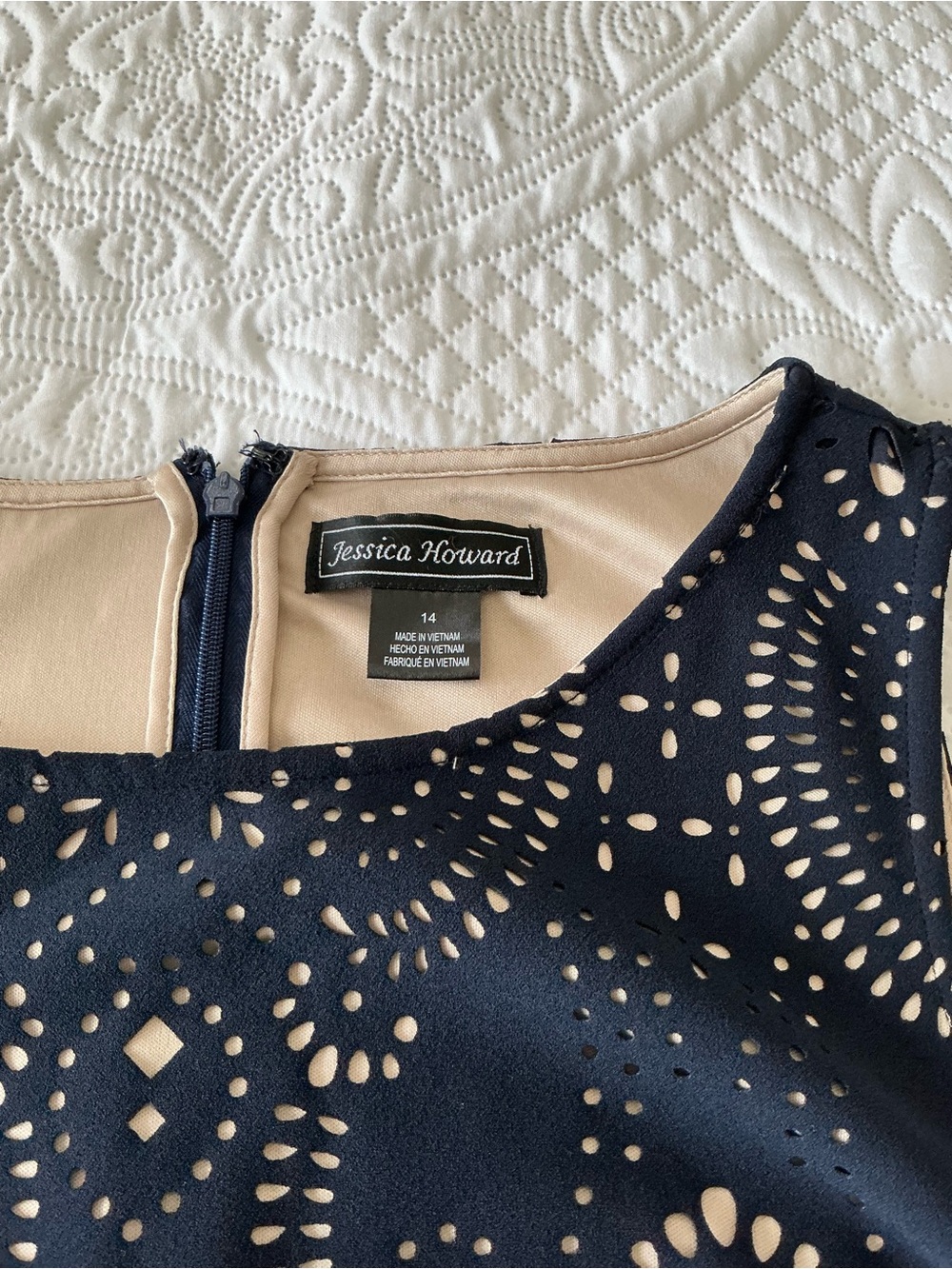 Jessica Howard Navy Laser-Cut Dress with Nude Lining - Picture 2 of 5